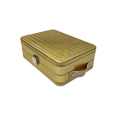 Buy FDA Elegant Champagne Gold Frosted Pearl Retro Leather Handle Manual Lock Buckle Rectangular Tin Box Metal Printing Packaging online manufacture